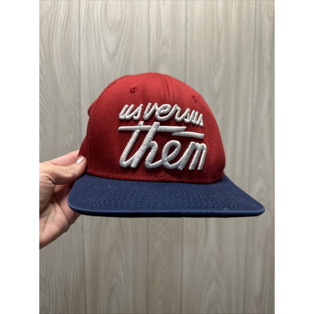 US Versus Them Snapback Hat Red Blue Embroidered Logo‎ One Size Trucker Hat